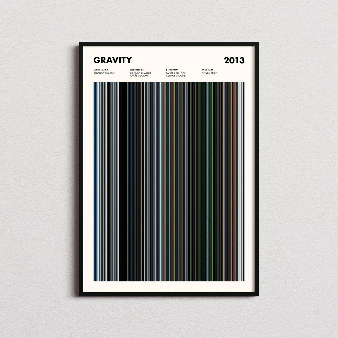 Gravity Movie Barcode Poster framed on a plain studio wall