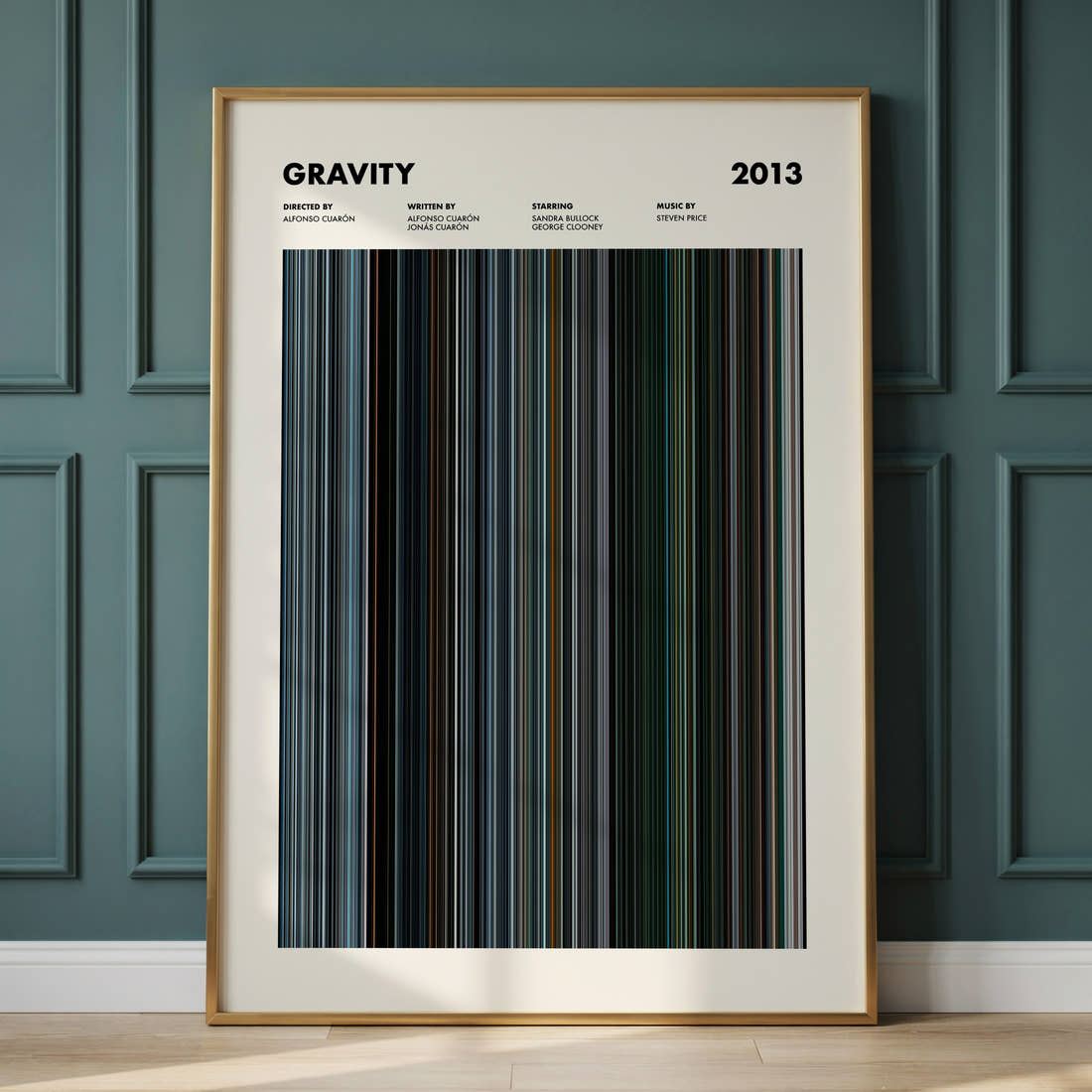 Gravity Movie Barcode Poster framed and leaning against a panelled wall