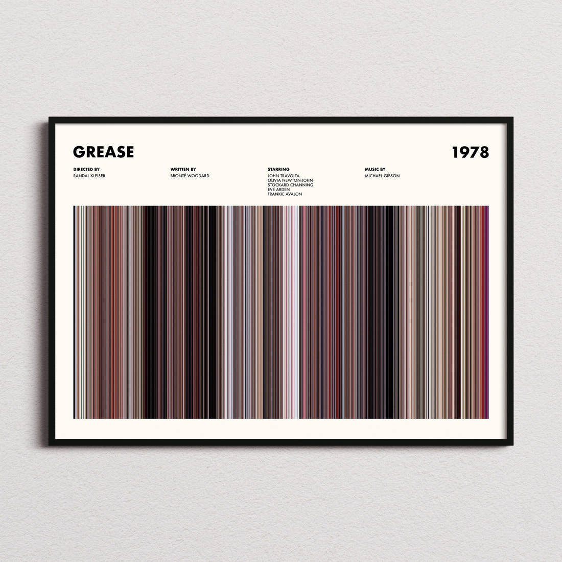Grease Movie Barcode Poster framed and photographed straight on