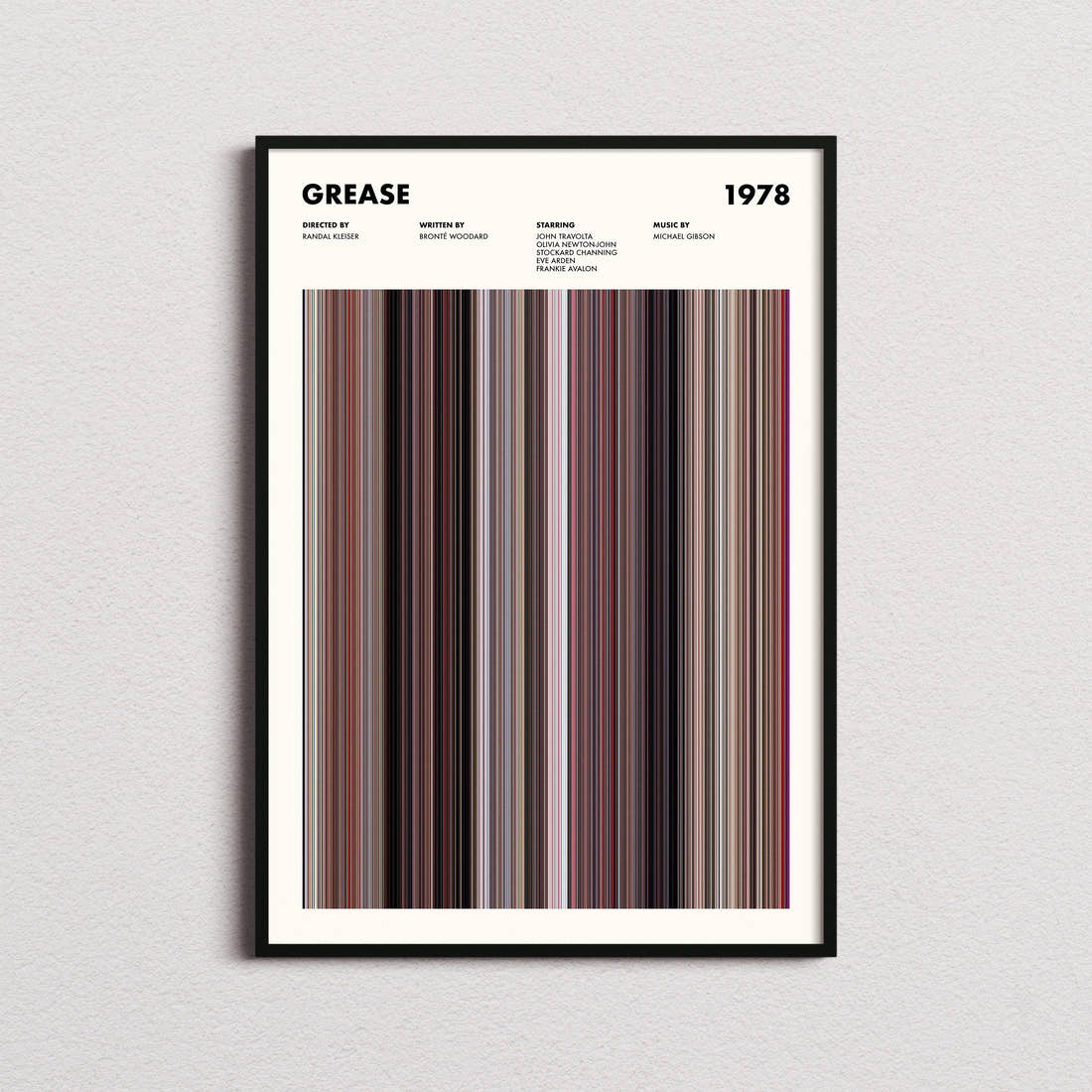 Grease Movie Barcode Poster framed on a plain studio wall