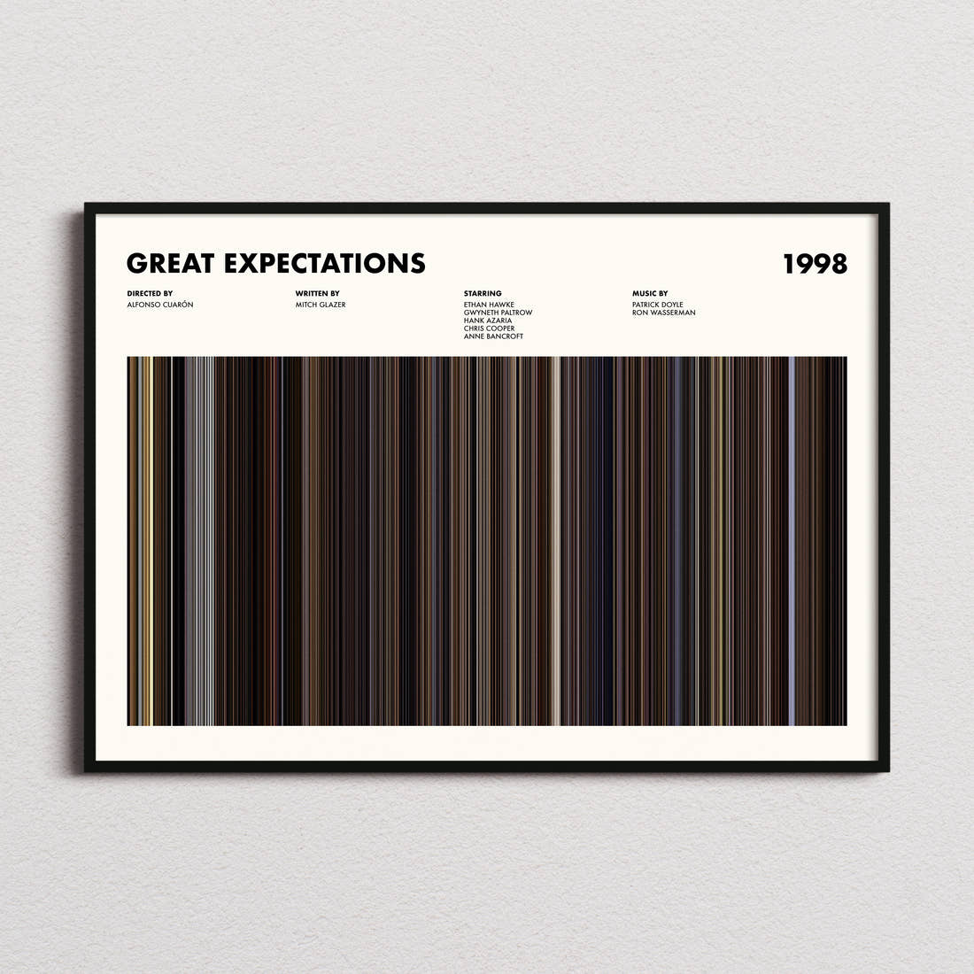 Great Expectations Movie Barcode Poster framed and photographed straight on