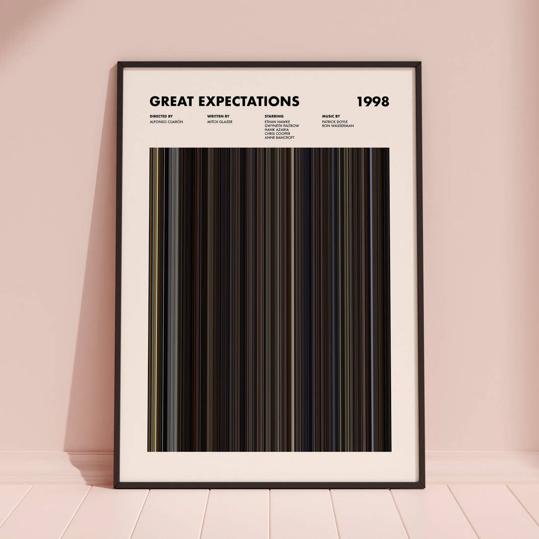Great Expectations Movie Barcode Poster framed and leaning against a coloured wall