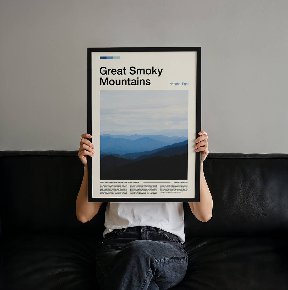 Great Smoky Mountains Blue Mountain Ridges Travel Print held up by hand to show the size of the print