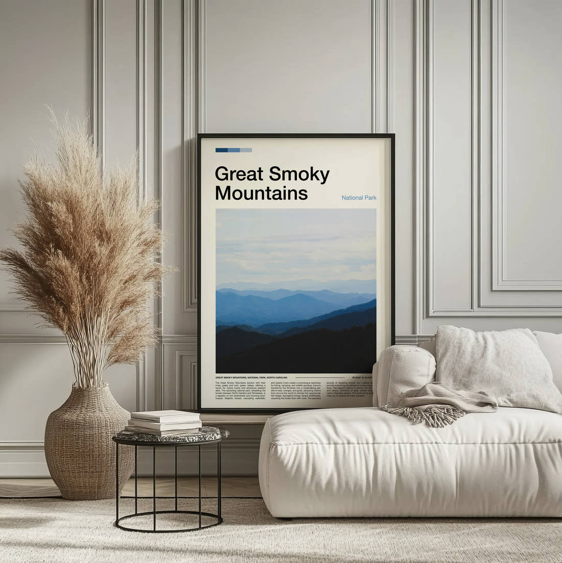 Great Smoky Mountains Blue Mountain Ridges Travel Print framed on the wall of a calm, neutral bedroom