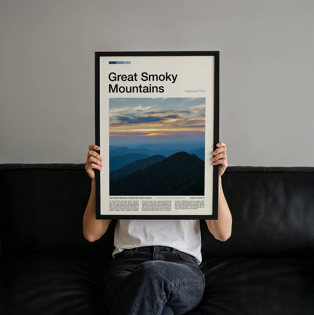 Great Smoky Mountains Mountain Ridges At Sunset Travel Print held up by hand to show the size of the print
