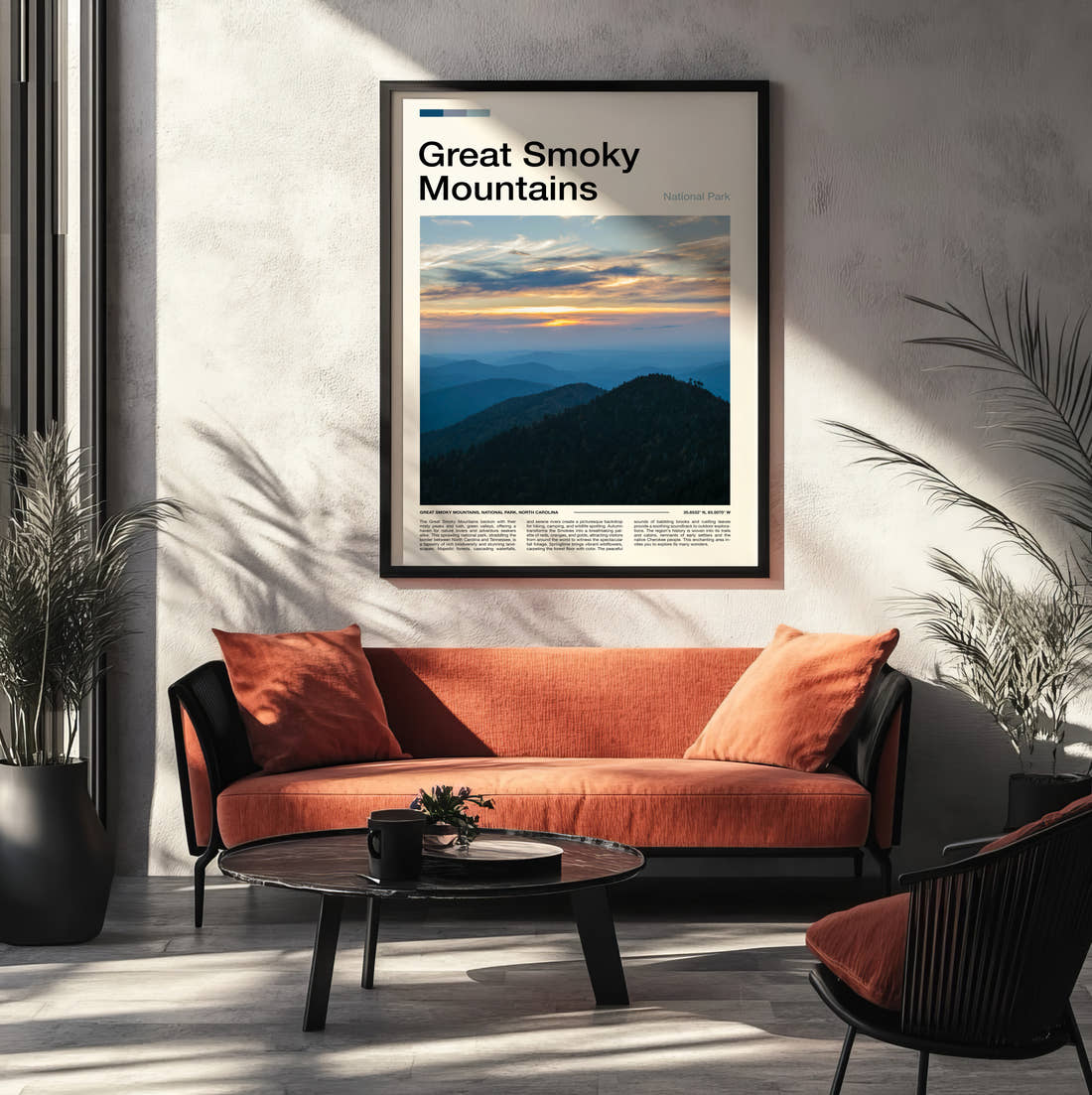Great Smoky Mountains Mountain Ridges At Sunset Travel Print framed on the wall of a modern living room