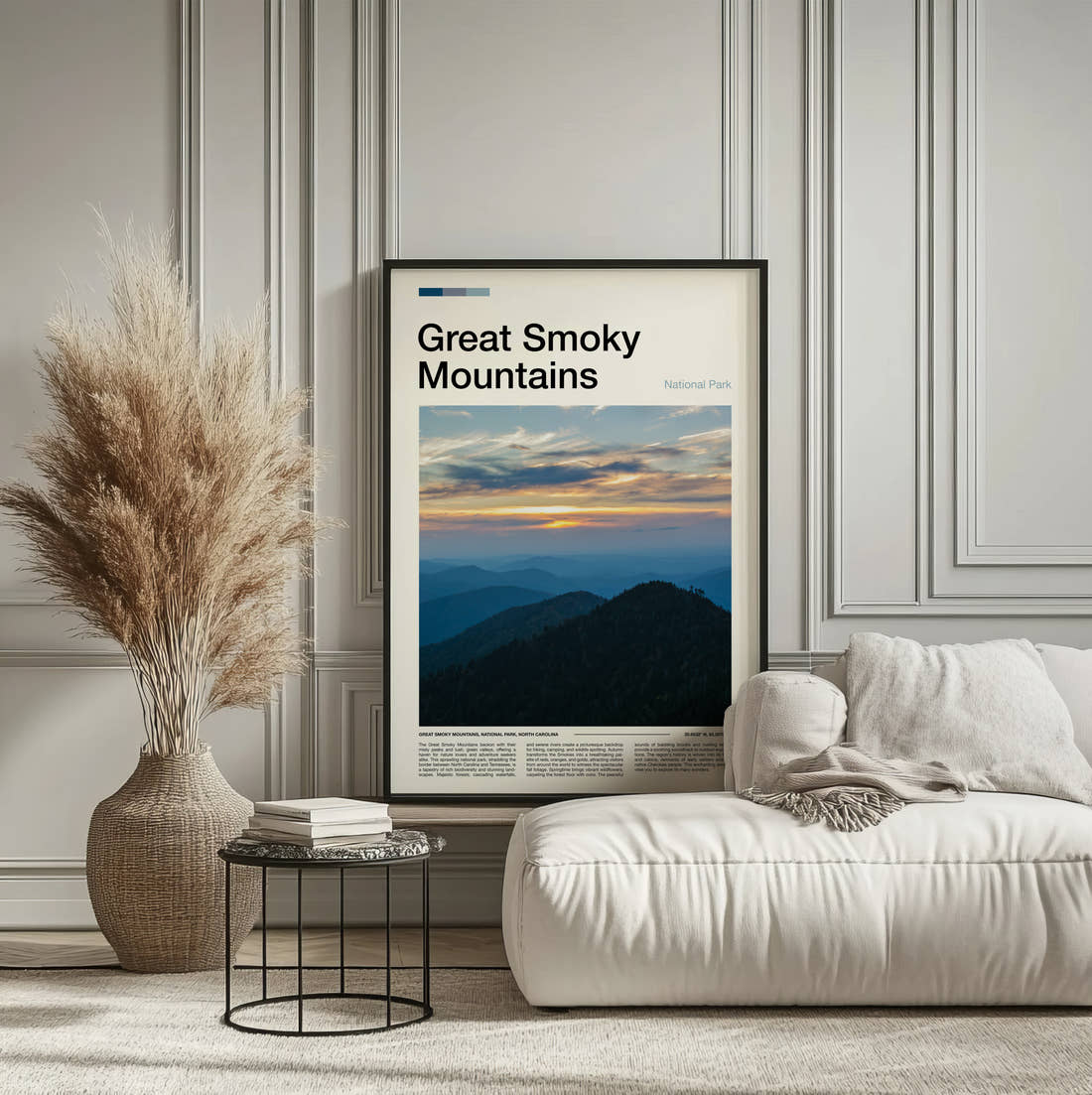 Great Smoky Mountains Mountain Ridges At Sunset Travel Print framed on the wall of a calm, neutral bedroom