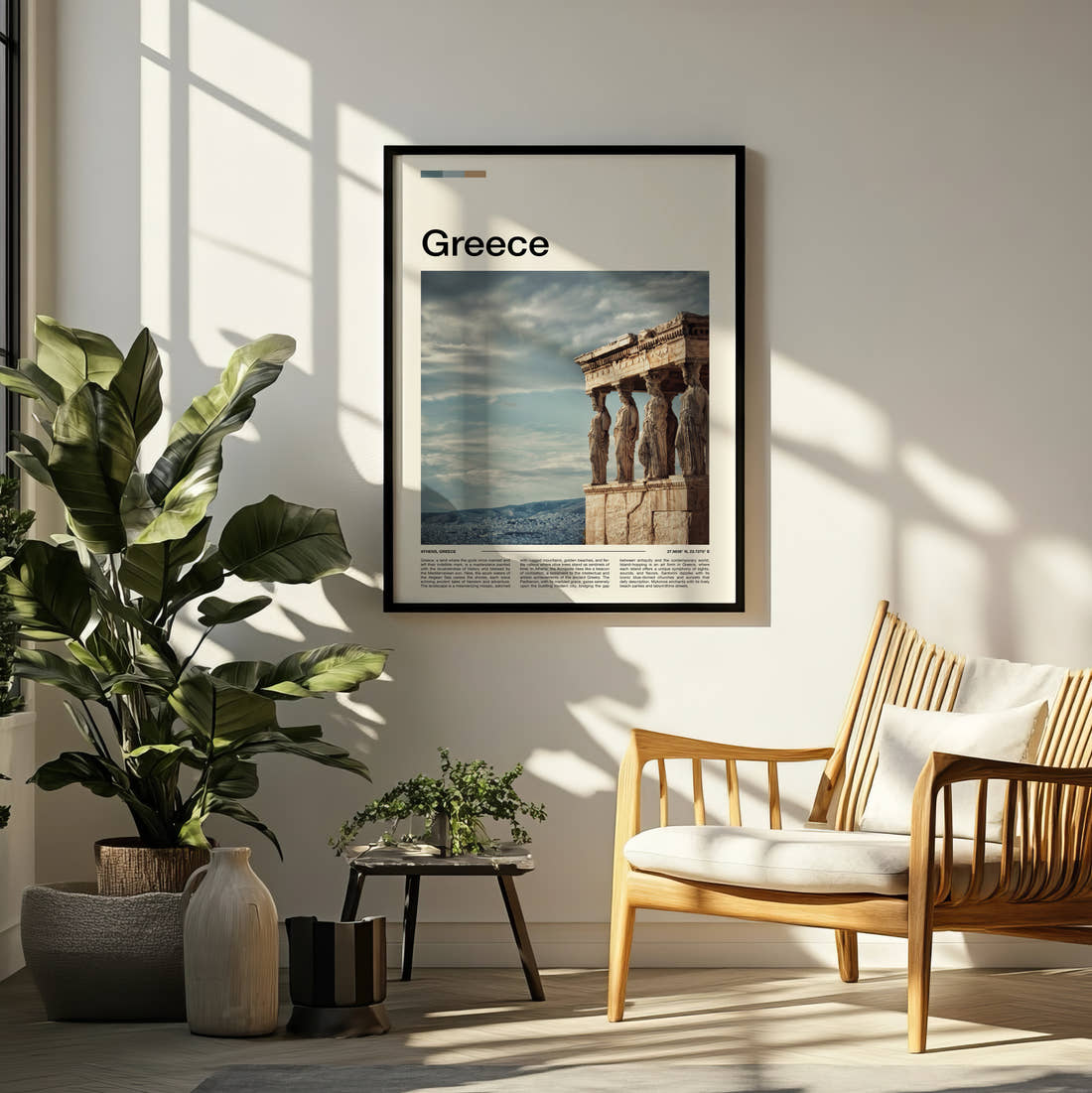 Greece Erechtheion Caryatids Travel Print framed on a pale wall beside houseplants