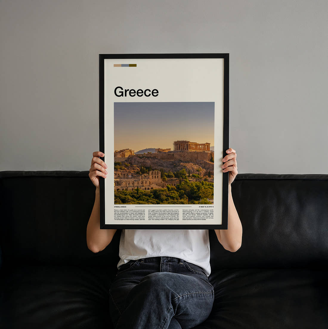 Greece Acropolis Hill Travel Print held up by hand to show the size of the print