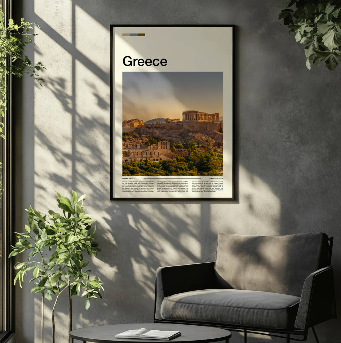 Greece Acropolis Hill Travel Print framed on the wall of a relaxed living room