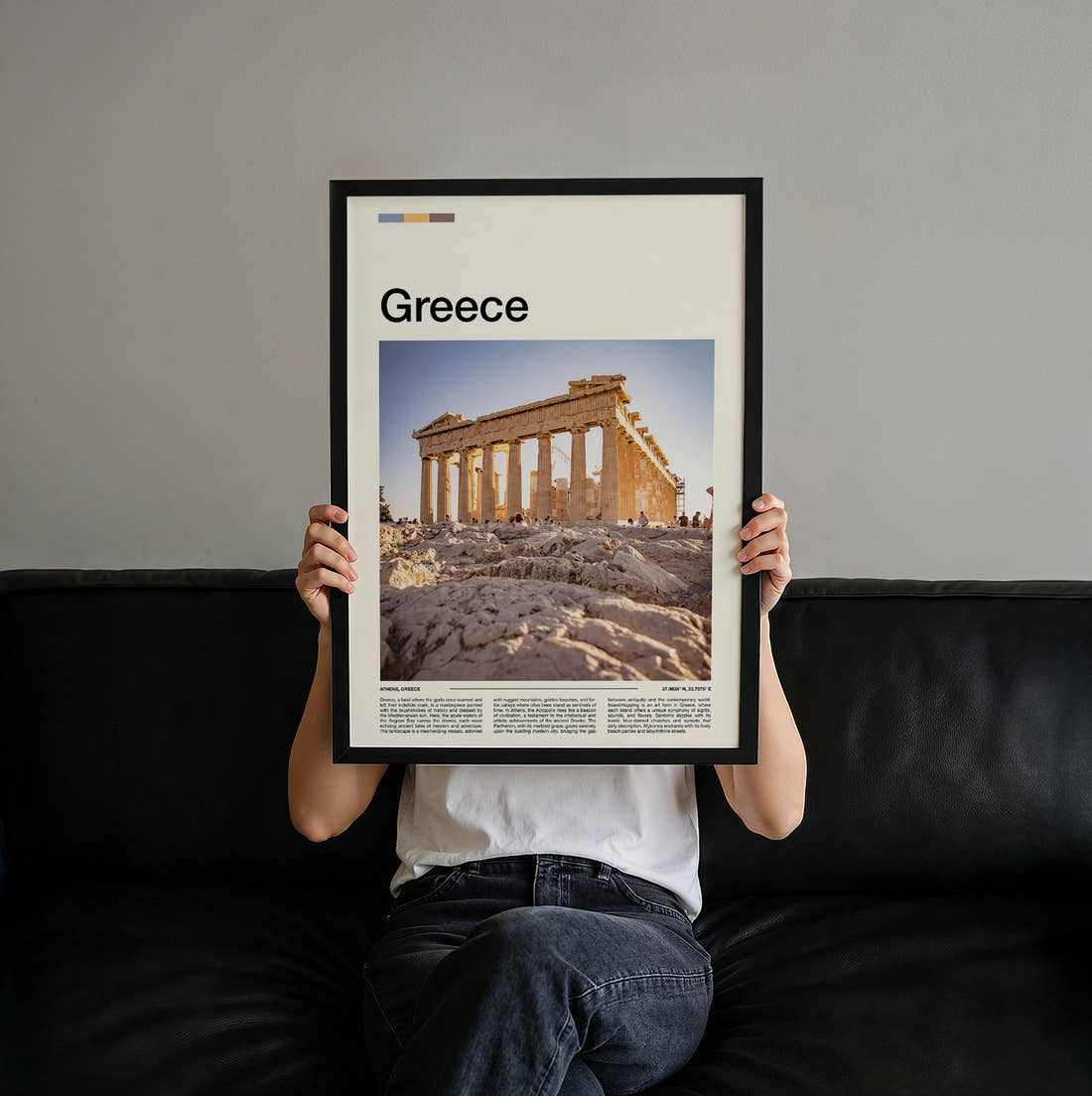 Greece The Parthenon Travel Print held up by hand to show the size of the print