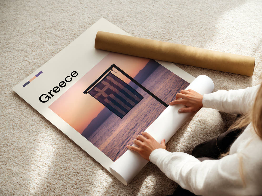 Greece Greek Flag Travel Print being unrolled from its postal tube