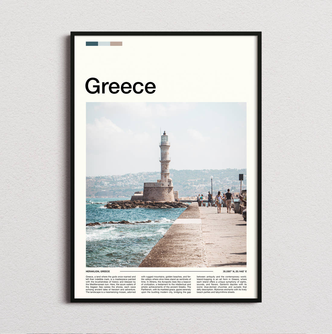 Greece Lighthouse On The Pier Travel Print framed and photographed straight on