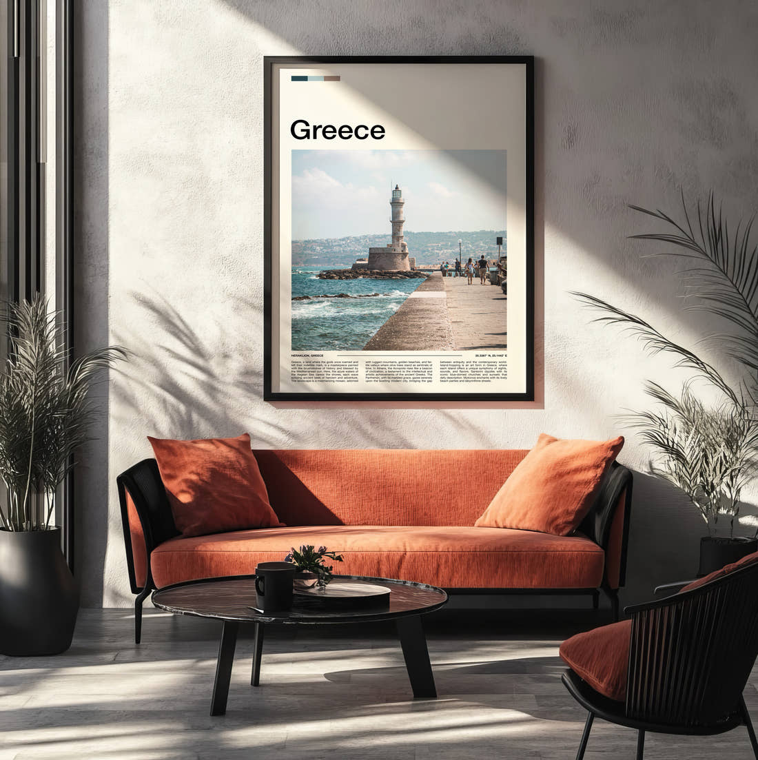 Greece Lighthouse On The Pier Travel Print framed on the wall of a modern living room