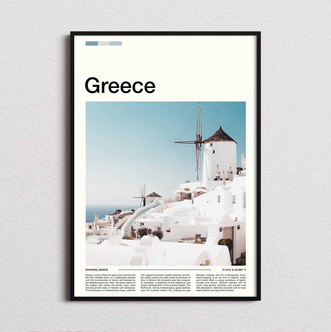 Greece Whitewashed Windmill Travel Print framed and photographed straight on