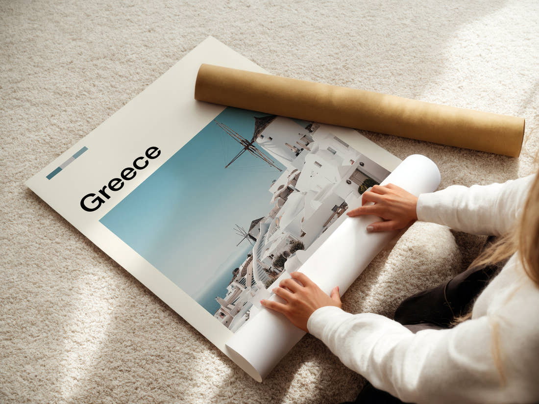 Greece Whitewashed Windmill Travel Print being unrolled from its postal tube
