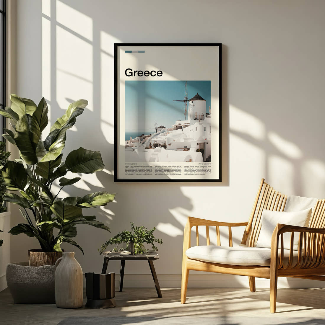 Greece Whitewashed Windmill Travel Print framed on a pale wall beside houseplants