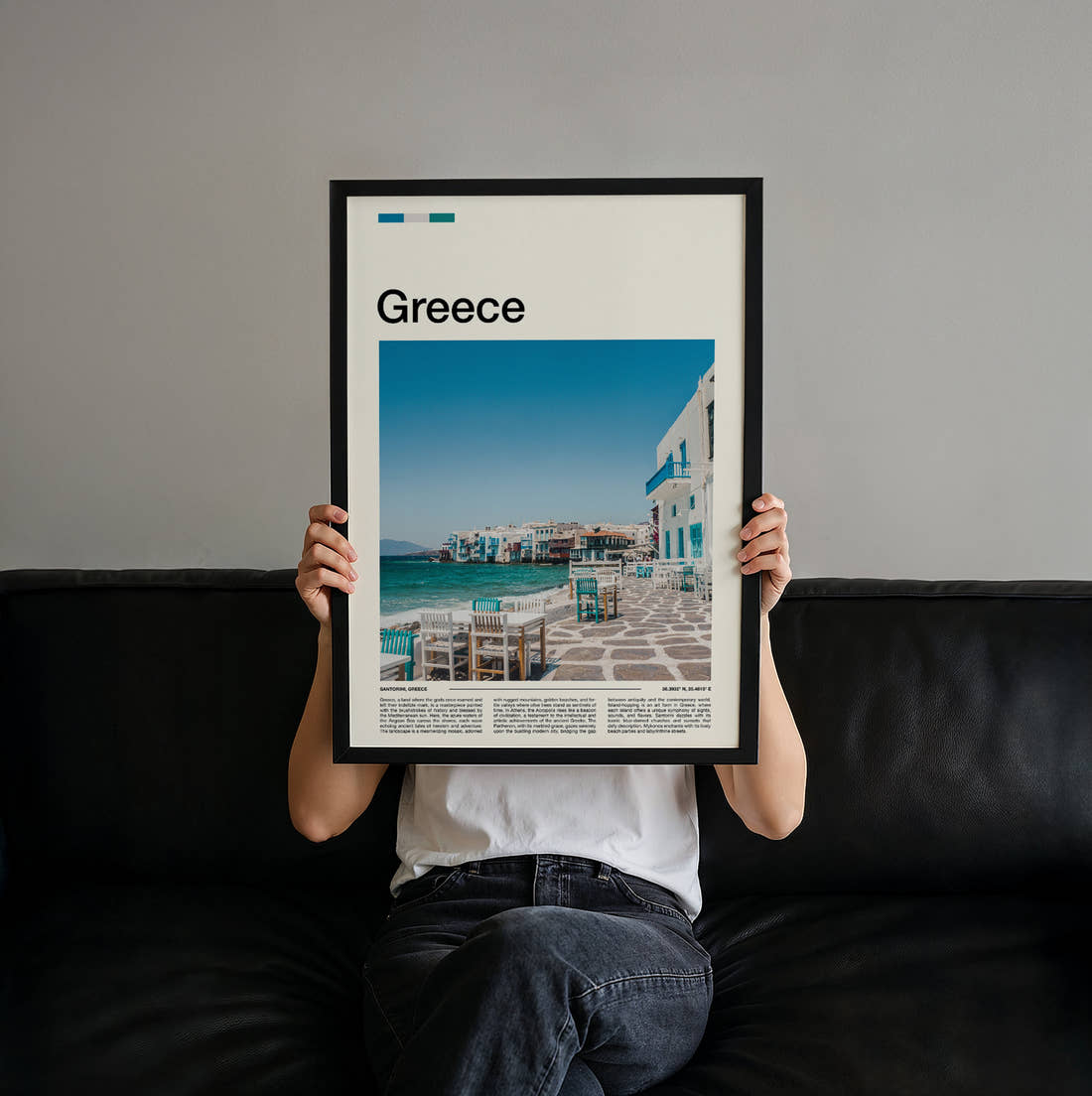 Greece Seaside Cafe Chairs Travel Print held up by hand to show the size of the print