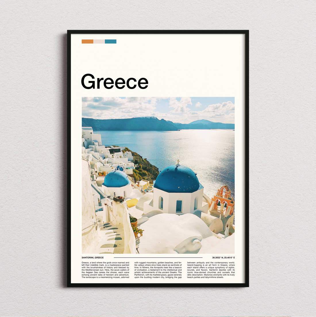 Greece Blue Domed Churches Travel Print framed and photographed straight on