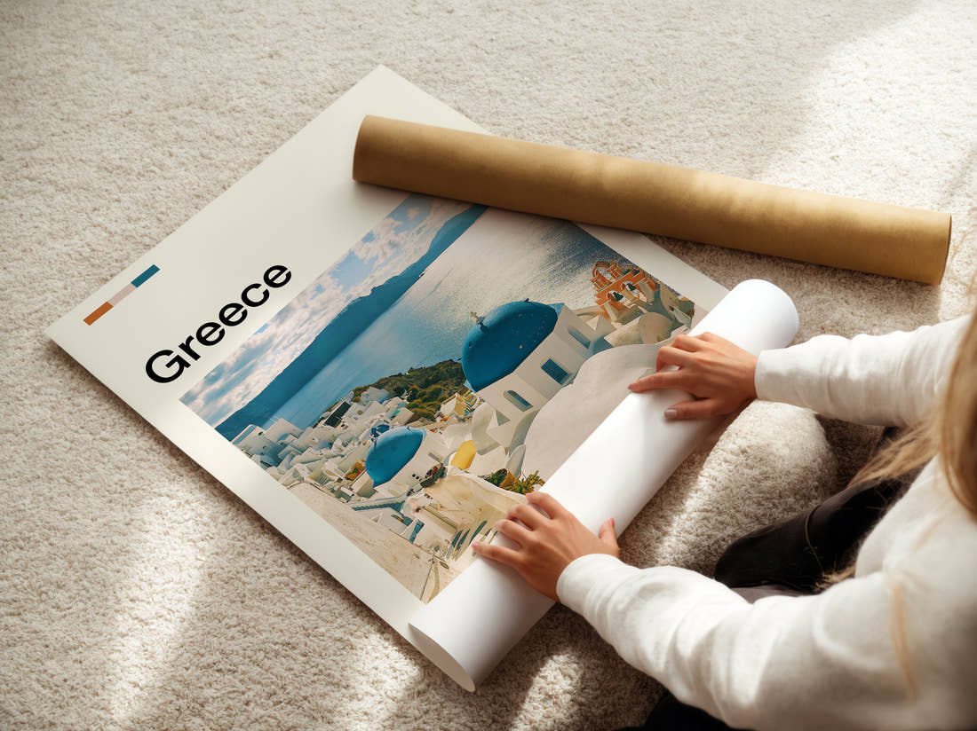 Greece Blue Domed Churches Travel Print being unrolled from its postal tube