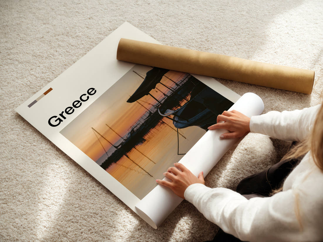 Greece Boat At Sunset Travel Print being unrolled from its postal tube