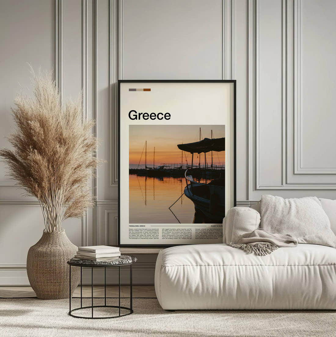Greece Boat At Sunset Travel Print framed on the wall of a calm, neutral bedroom