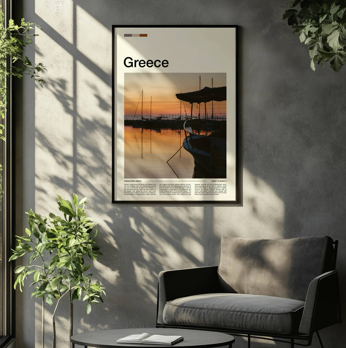 Greece Boat At Sunset Travel Print framed on the wall of a relaxed living room