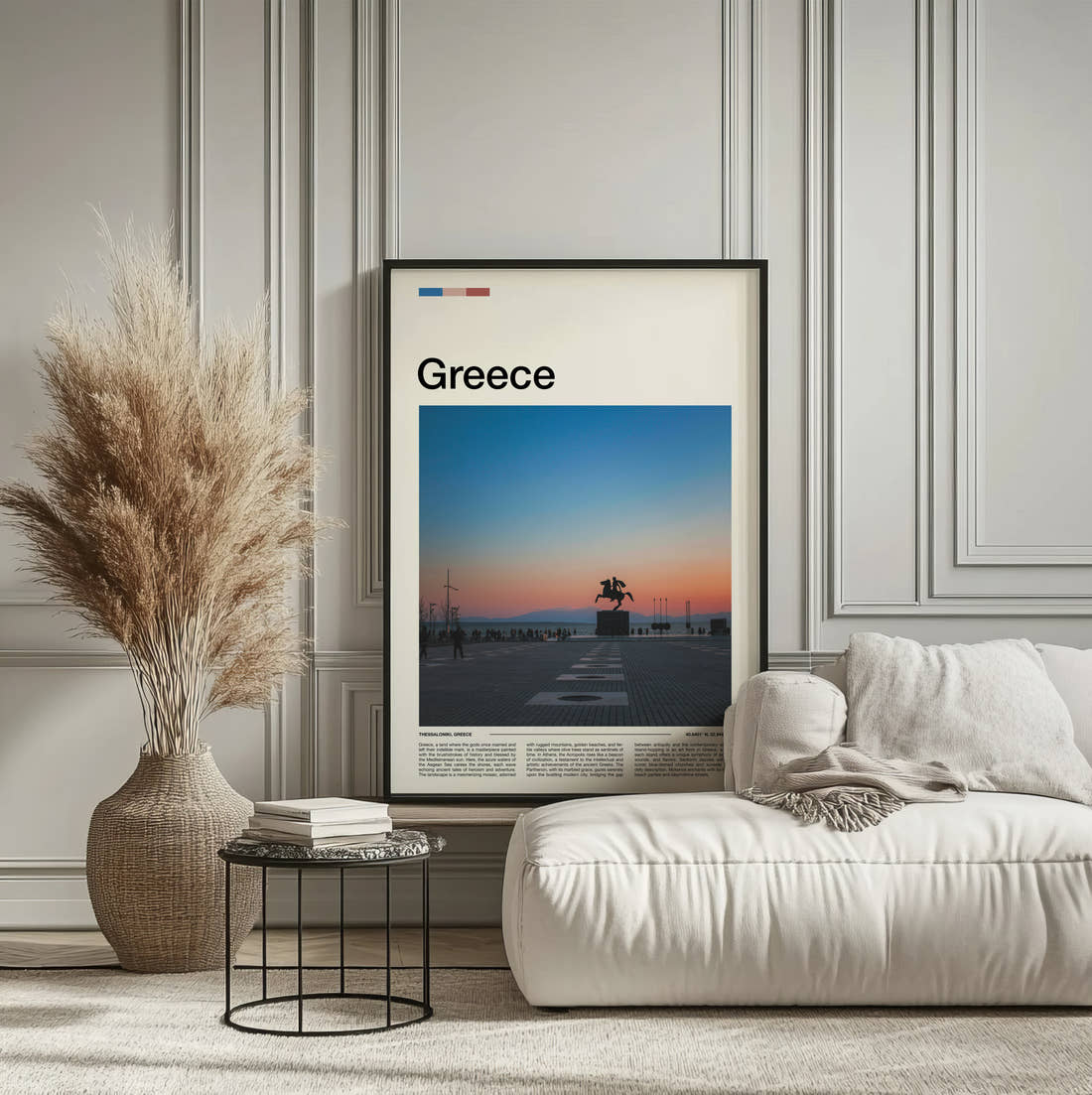 Greece Alexander The Great Statue Travel Print framed on the wall of a calm, neutral bedroom