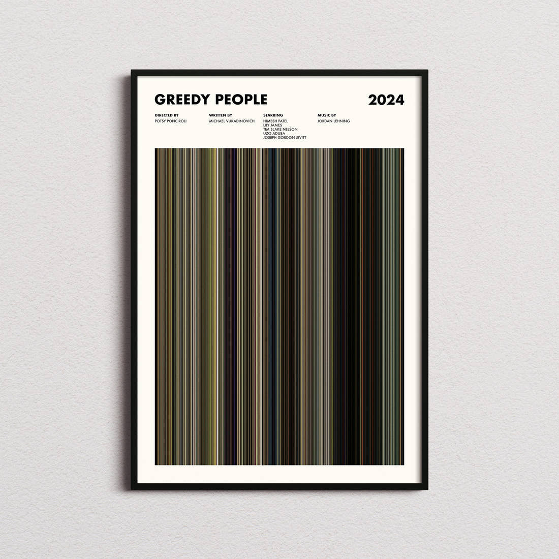 Greedy People Movie Barcode Poster framed on a plain studio wall