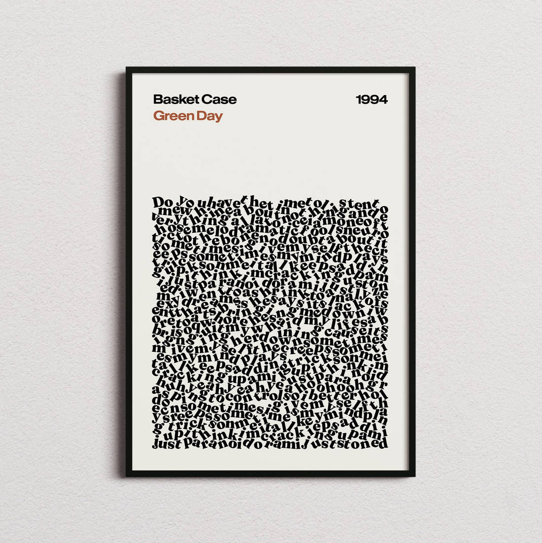 Green Day Basket Case Lyric Print in the cream colourway, framed