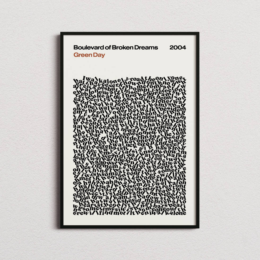 Green Day Boulevard of Broken Dreams Lyric Print in the cream colourway, framed