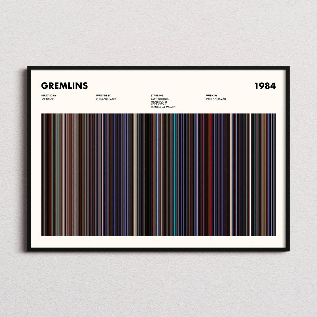Gremlins Movie Barcode Poster framed and photographed straight on