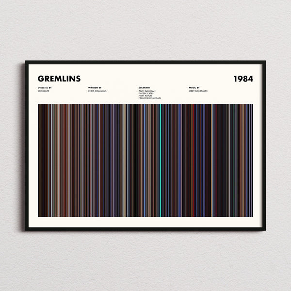 Gremlins Movie Barcode Poster framed and photographed straight on