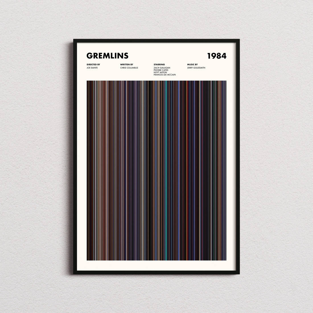 Gremlins Movie Barcode Poster framed on a plain studio wall