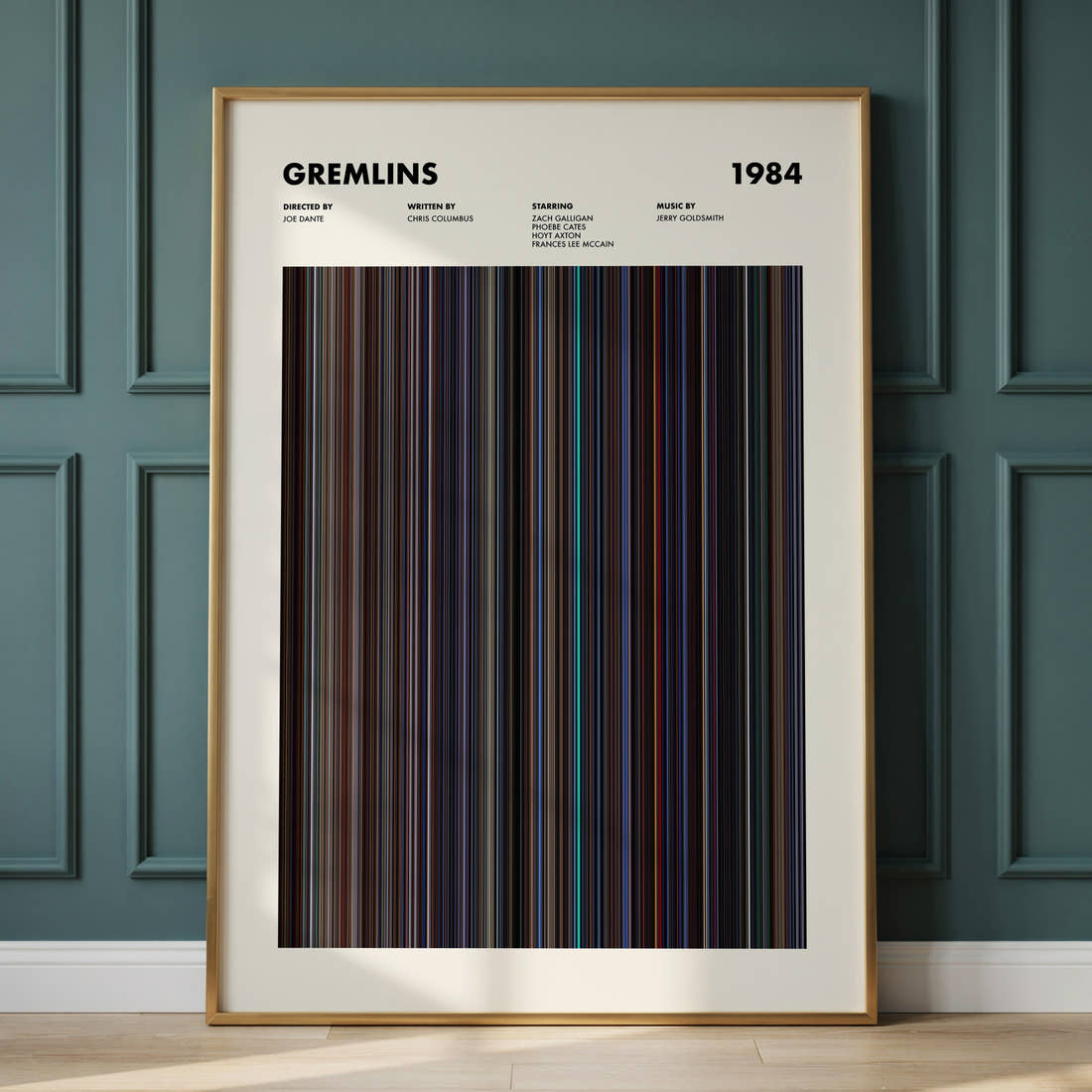 Gremlins Movie Barcode Poster framed and leaning against a panelled wall