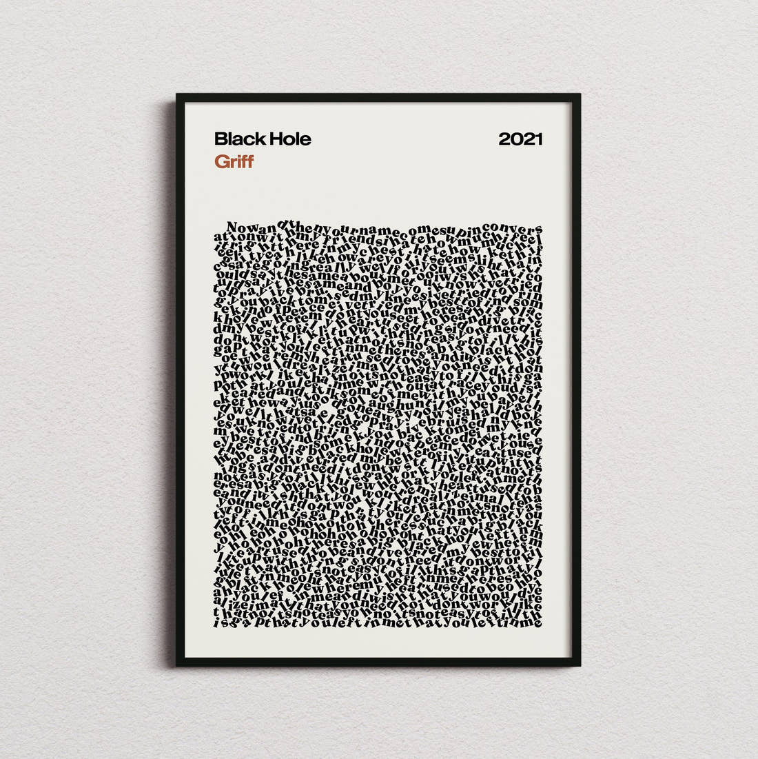 Griff Black Hole Lyric Print in the cream colourway, framed