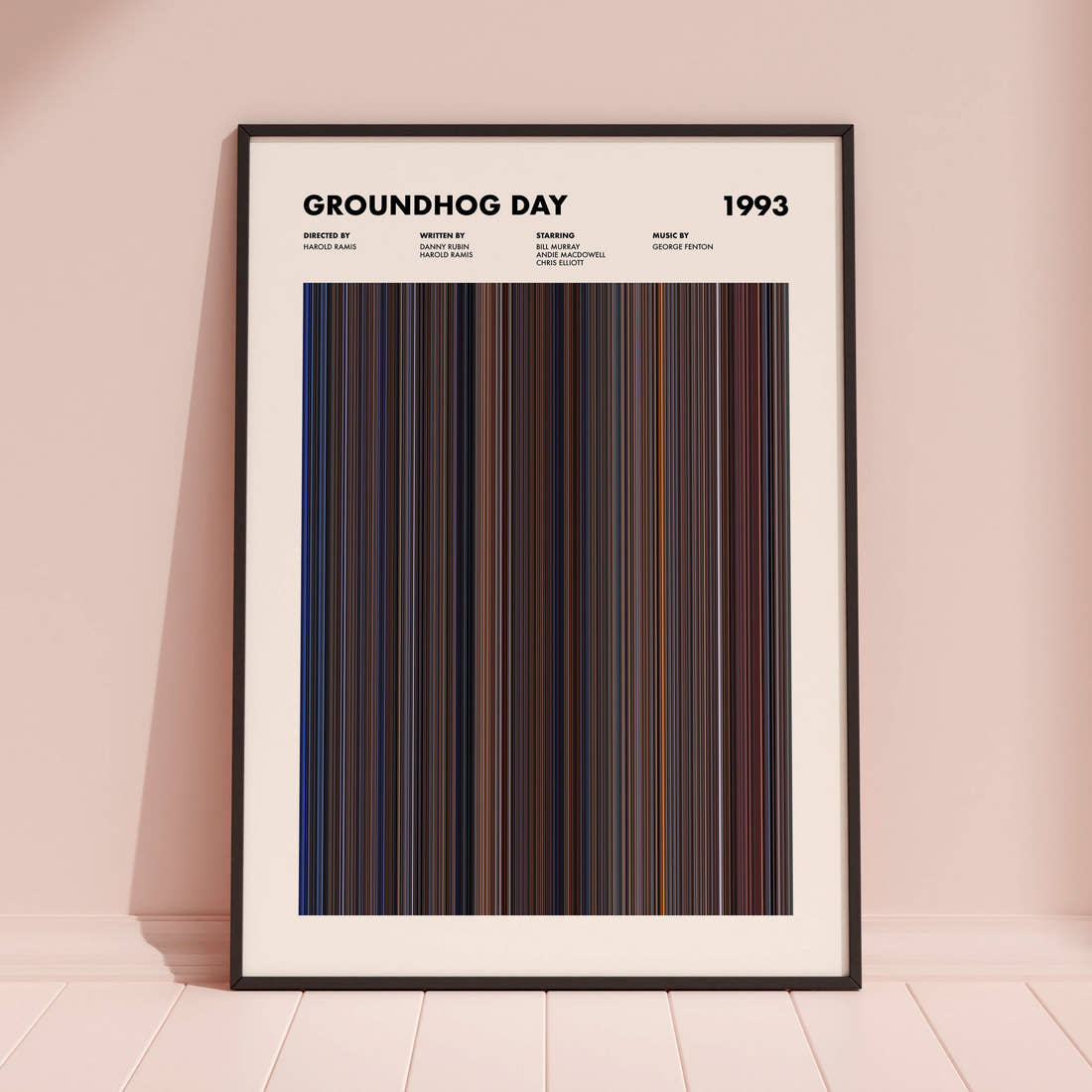 Groundhog Day Movie Barcode Poster framed and leaning against a coloured wall