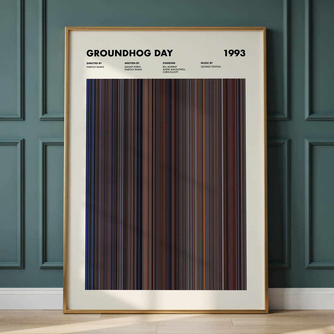 Groundhog Day Movie Barcode Poster framed and leaning against a panelled wall