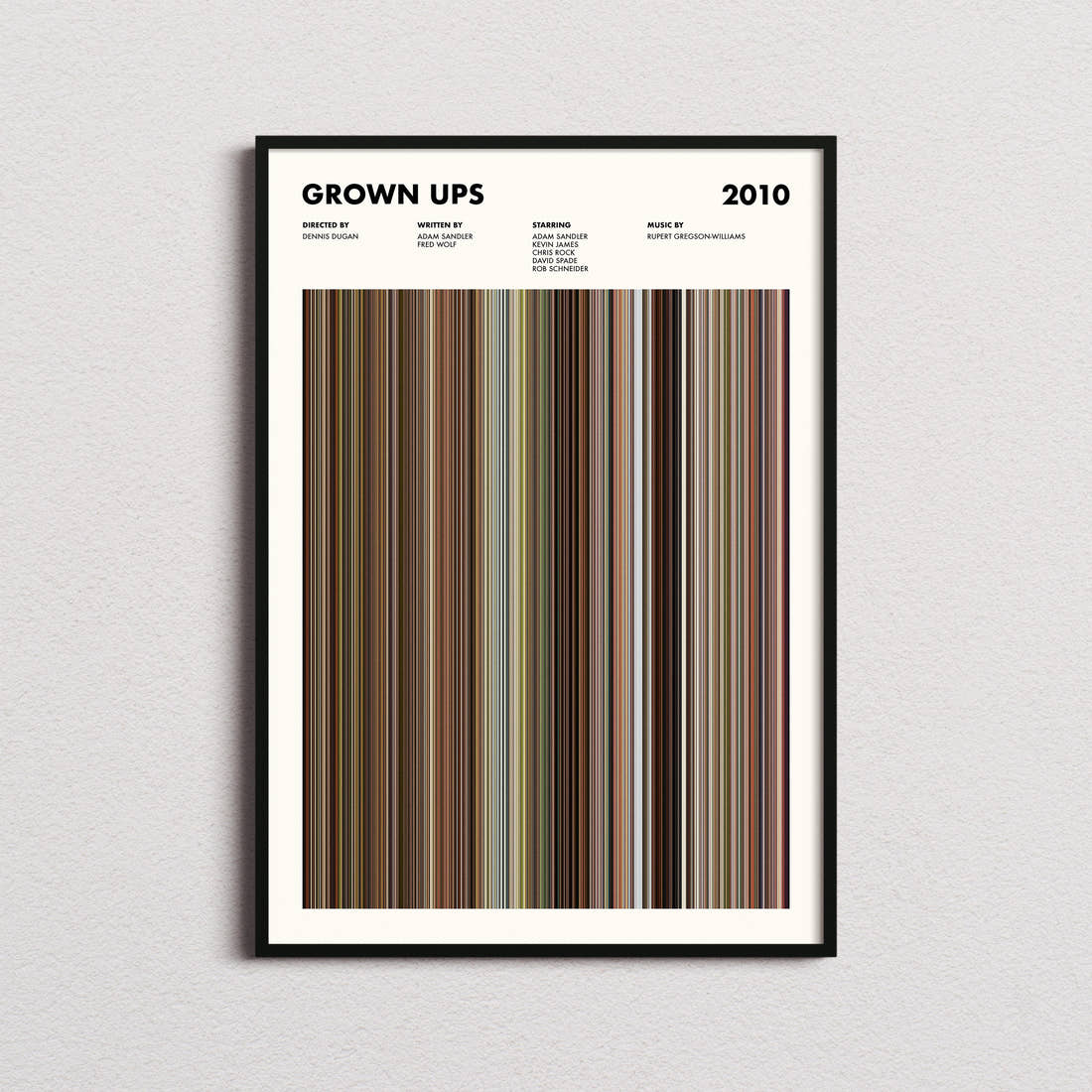 Grown Ups Movie Barcode Poster framed on a plain studio wall