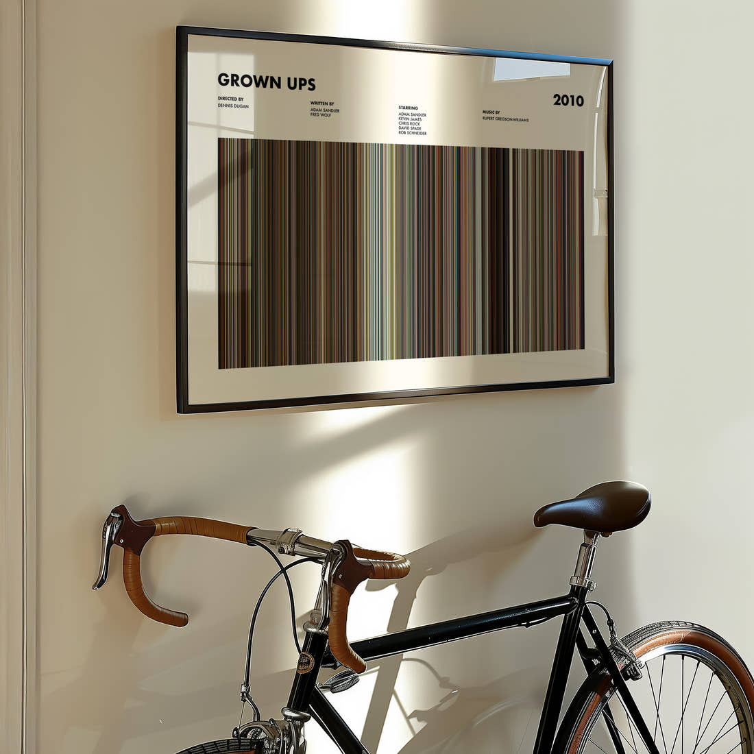 Grown Ups Movie Barcode Poster framed on the wall of a styled room setting