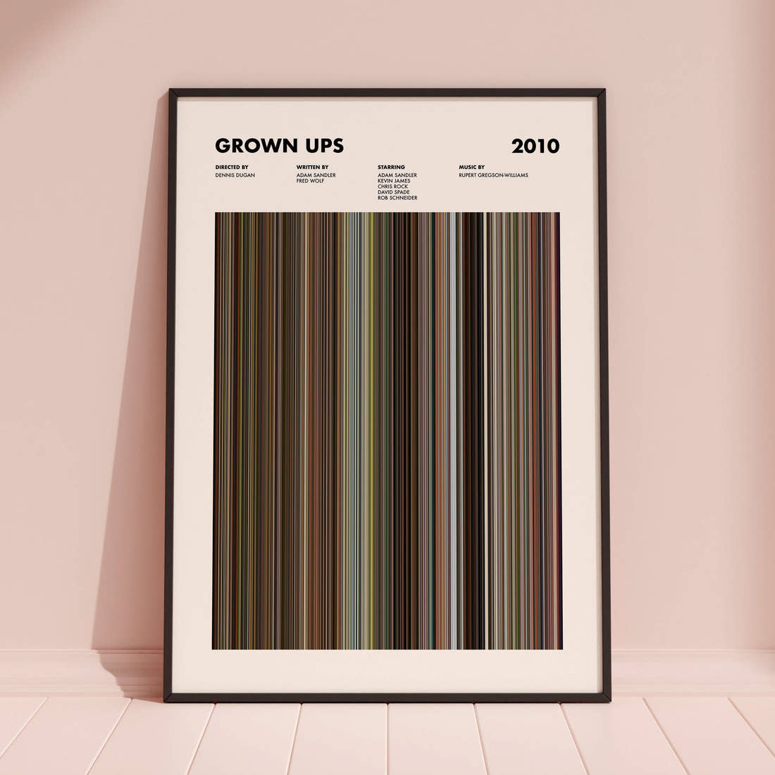 Grown Ups Movie Barcode Poster framed and leaning against a coloured wall