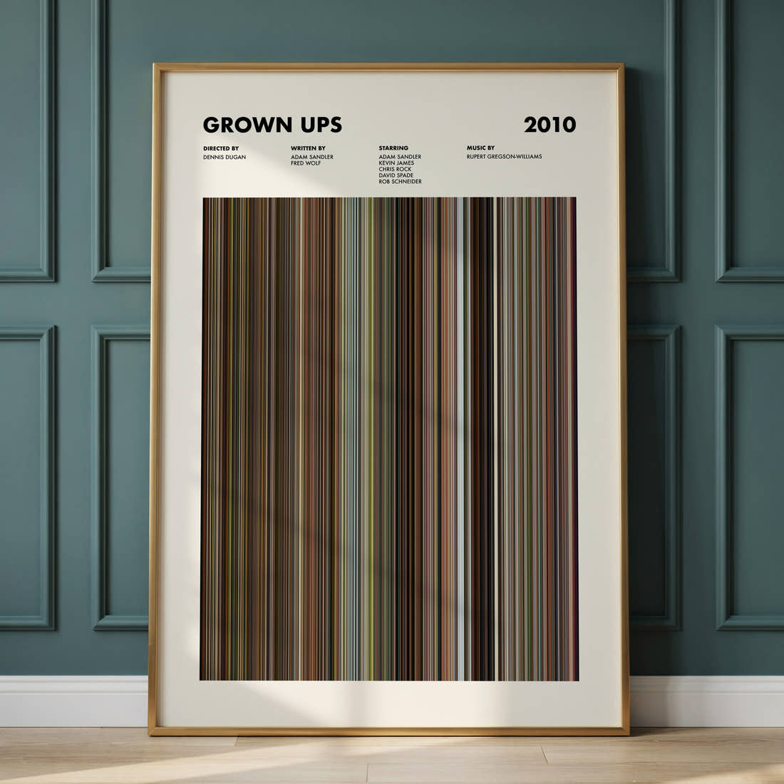 Grown Ups Movie Barcode Poster framed and leaning against a panelled wall