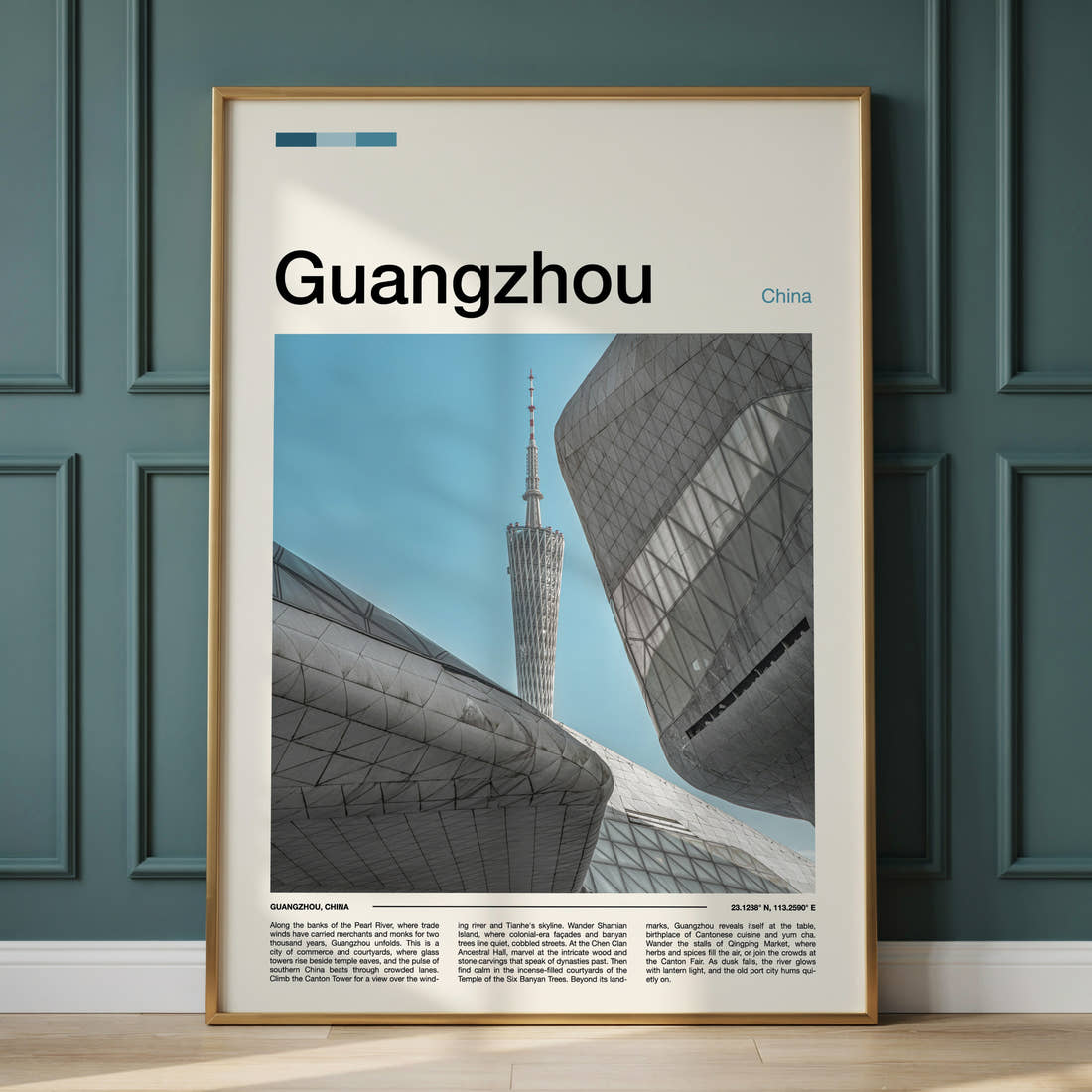 Guangzhou Canton Tower Skyline Travel Print framed on the wall of a calm, neutral bedroom