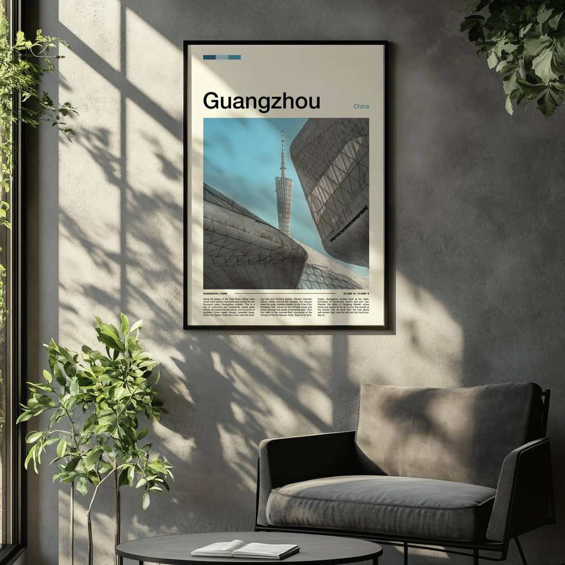 Guangzhou Canton Tower Skyline Travel Print framed on the wall of a relaxed living room
