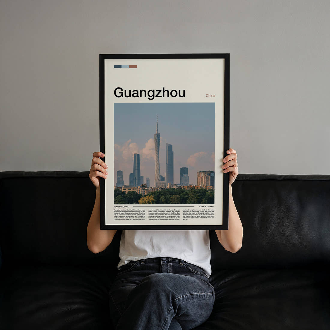 Guangzhou Canton Tower Skyline Travel Print held up by hand to show the size of the print