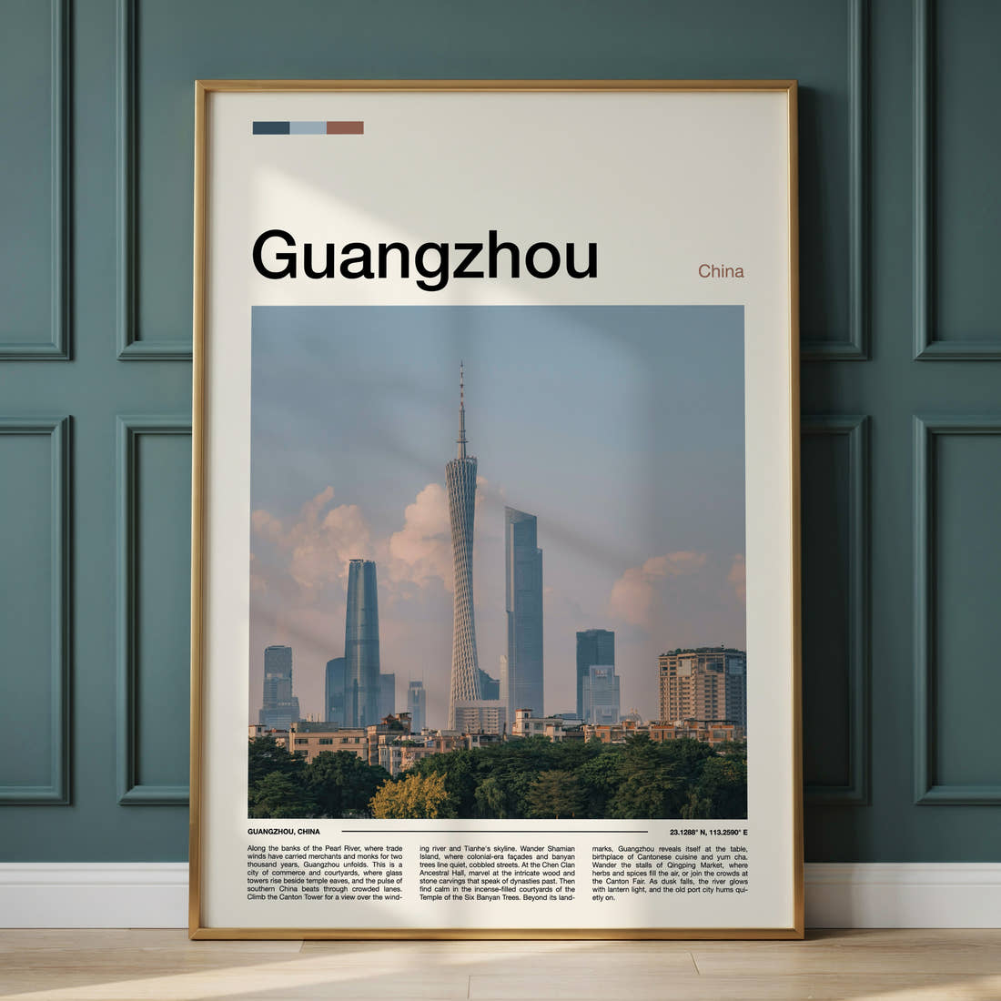 Guangzhou Canton Tower Skyline Travel Print framed on the wall of a calm, neutral bedroom