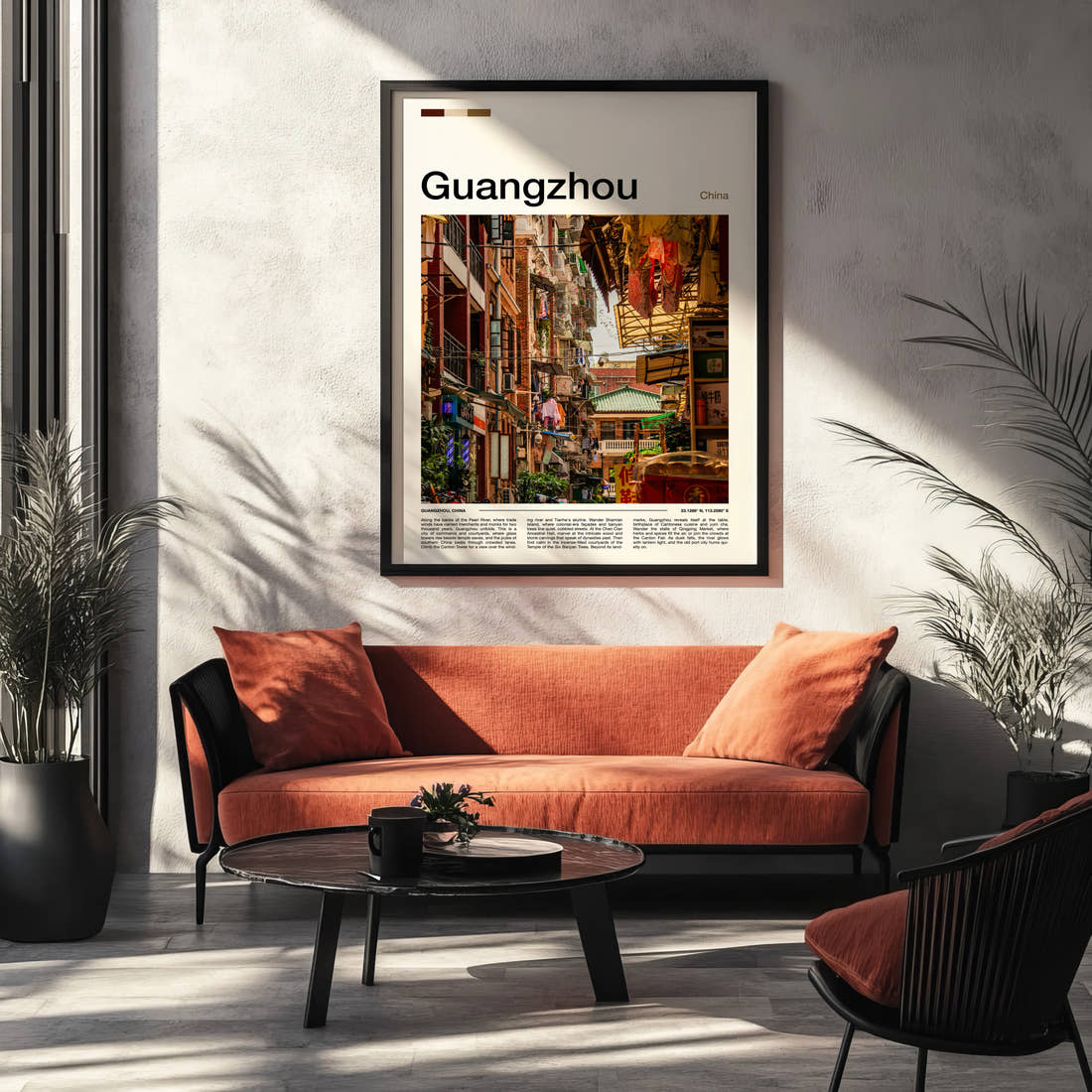 Guangzhou Old Quarter Alleyway Travel Print framed on the wall of a modern living room