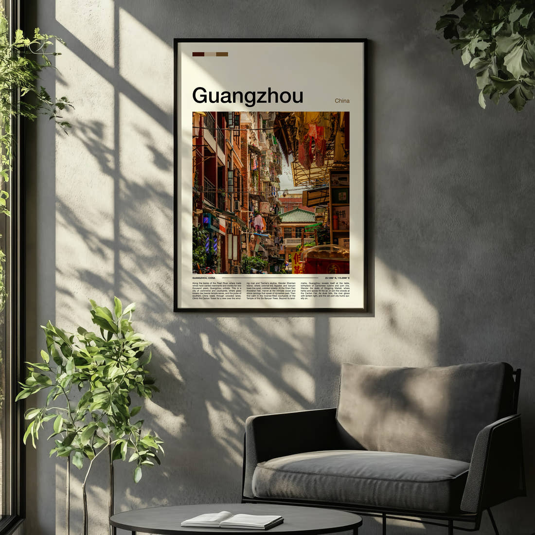 Guangzhou Old Quarter Alleyway Travel Print framed on the wall of a relaxed living room