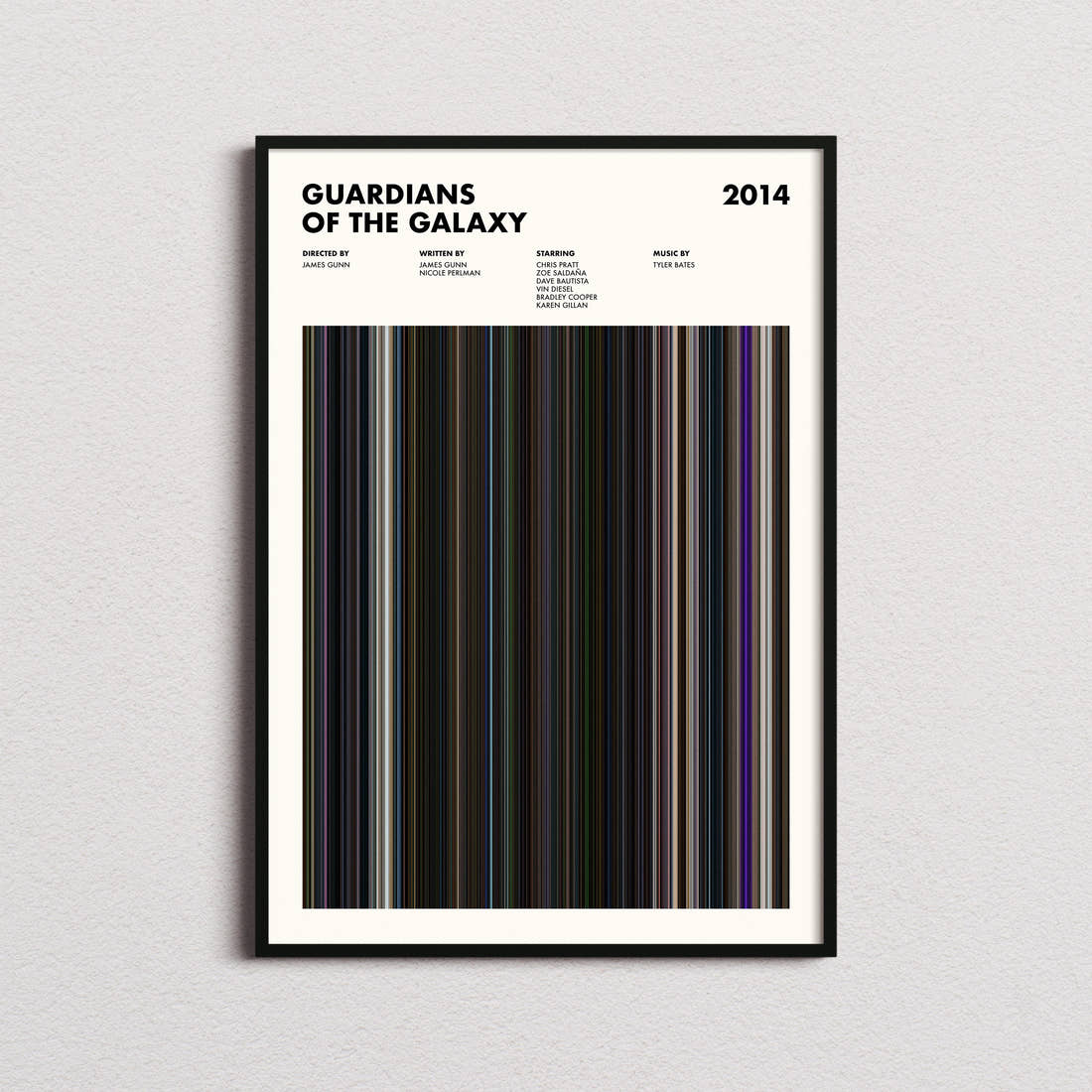 Guardians of the Galaxy Movie Barcode Poster framed on a plain studio wall