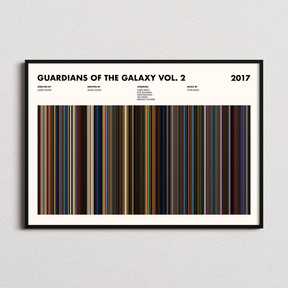 Guardians of the Galaxy Vol. 2 Movie Barcode Poster framed and photographed straight on
